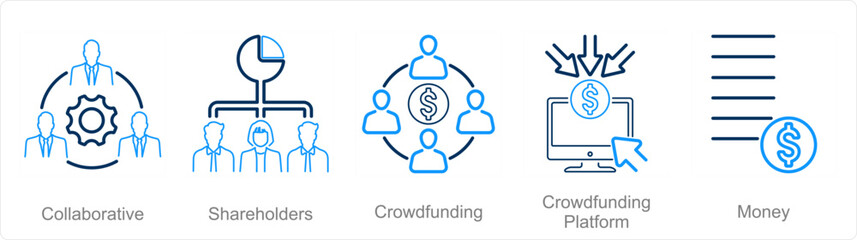 A set of 5 Crowdfunding icons as shareholders, crowdfunding, crowdfunding platform
