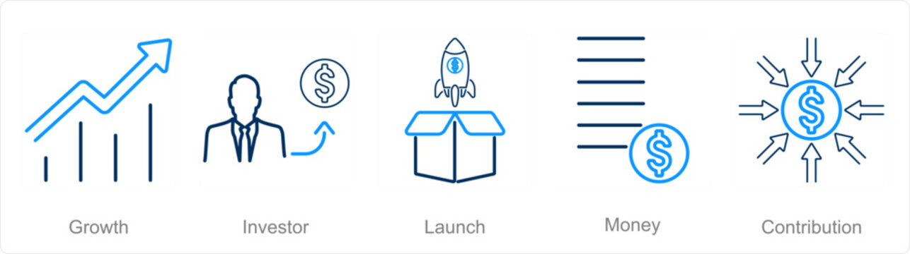 A set of 5 Crowdfunding icons as growth, investors, launch