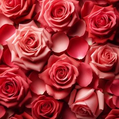 background of pink and red roses with petals, for postcard, invitation banner for Valentine's Day, wedding, March 8