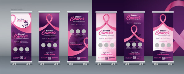 October breast cancer awareness month conference or seminar roll up banner, pull up banner, or x banner print template bundle