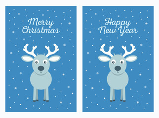 Gray Reindeer on Blue Snowflake Background. Merry Christmas and Happy New Year Vector Greeting Card