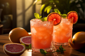 Grapefruit cocktail in tall glasses with ice hype. - obrazy, fototapety, plakaty
