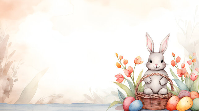 Easter card with a picture of the Easter bunny and Easter eggs on a light background with space for text