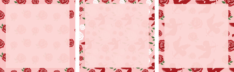 Fototapeta na wymiar set of st valentines day greeting card templates. collection of instagram stories templates with roses and cupids. beautiful square valentines love frames