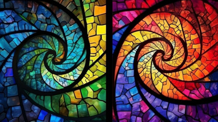 Stained glass window background with colorful whirlpool abstract.	

