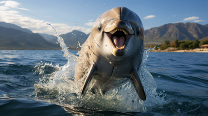 A dolphin jumps out of the sea water. Sea animals concept. AI generated.