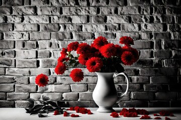 Red flowers in vase on the table on black and white brick wall background