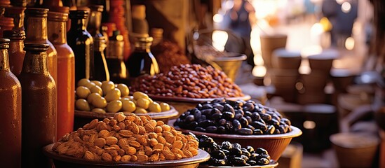 Marrakesh, Morocco's souk has a stall for olives and bottled food. - obrazy, fototapety, plakaty