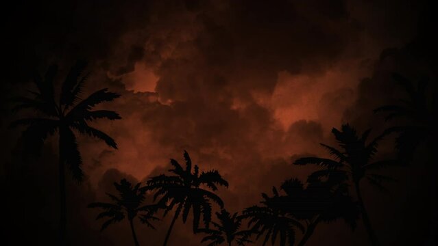 A stunning image of silhouetted palm trees against a vivid dark red sky with clouds in the background, creating a captivating and dramatic scene