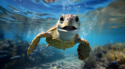 Cute turtle swims underwater. Sea animals concept. AI generated.