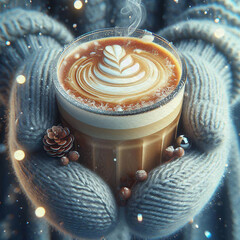 Hands holding a warm cup of coffee against the background of a Christmas tree with lights. Cozy home, atmospheric winter hygge. Woman's hands in mittens and a warm sweater hold a stylish mug under bok