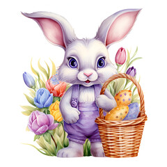Easter bunny with a basket of Easter eggs and tulips on a white background for an Easter card