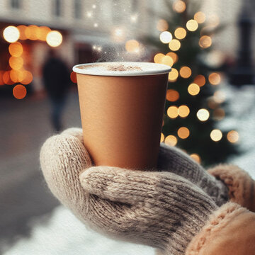 Hands holding a warm cup of coffee against the background of a Christmas tree with lights. Cozy home, atmospheric winter hygge. Woman's hands in mittens and a warm sweater hold a stylish mug under bok