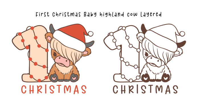 First Christmas baby cow highland cartoon layered hand drawing outline