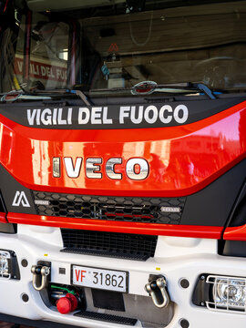 Bergamo, Italy. Red fire truck ready to provide first aid in case of emergency. Tank lorry. Italian firefighters or Vigili del fuoco