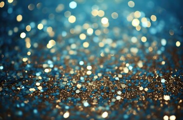 Blue and gold glitter background with bokeh effect. Generative AI.