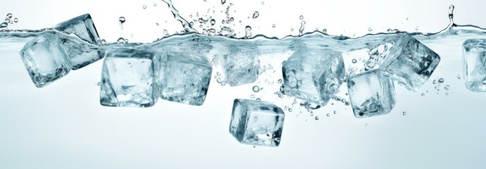 Ice cubes falling into water on a white background. Generative AI.