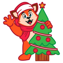 Cute Red Fox Animal Character with Christmas Tree