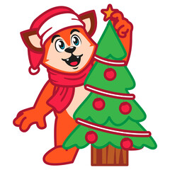 Cute Red Fox Animal Character with Christmas Tree