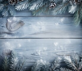Winter background with fir branches and snow on wooden background. Generative AI.