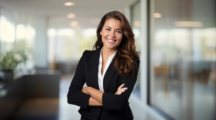 Professional business woman headshot in modern office background, real estate, legal, attorney, finance and sales - obrazy, fototapety, plakaty