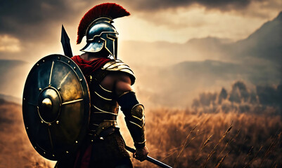 Spartan warrior ready to fight. Roman male legionary (legionaries) wear helmet with crest, spear , sword, heavy infantryman,  soldier of the army of the Roman Empire on Rome background. Generative ai