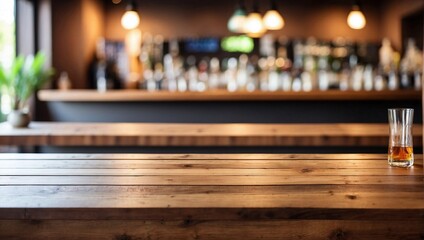 Blurred Bar Counter on Empty Wooden Table Background, Wooden Table