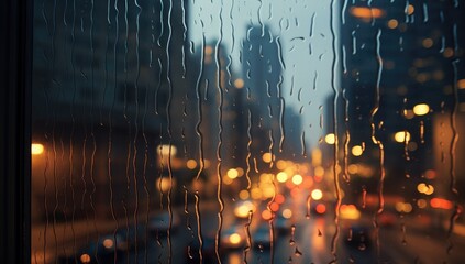 Big city view from window during rain.