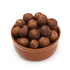 Peeled macadamia nut, plate on a white background, isolated