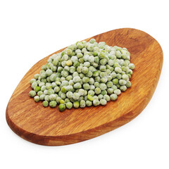 Green peas frozen on a wooden board, plate on a white background, isolated