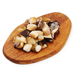 Fototapeta premium Mix frozen mushrooms, on a wooden board on a white background, isolated