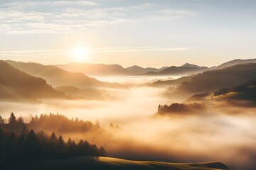Early morning in mountains. Beautiful sunrise above the clouds. Morning sky AI generative - obrazy, fototapety, plakaty