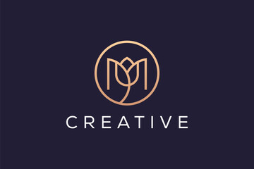 Letter M Lotus Flower  circle Logo Design Vector
