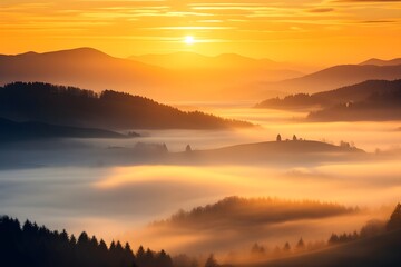 Obraz premium Early morning in mountains. Beautiful sunrise above the clouds. Morning sky AI generative