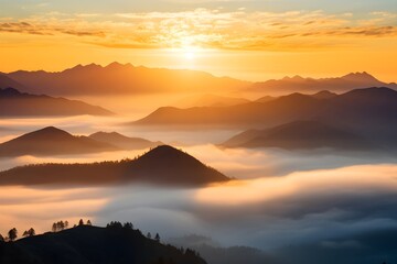 Obraz premium Early morning in mountains. Beautiful sunrise above the clouds. Morning sky AI generative