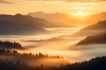 Obraz premium Early morning in mountains. Beautiful sunrise above the clouds. Morning sky AI generative
