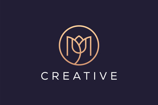 Letter M Lotus Flower  circle Logo Design Vector