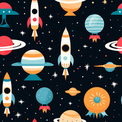 Fototapeta na wymiar Seamless pattern with stylized rockets, planets, and stars on a dark space background, perfect for textile and wallpaper