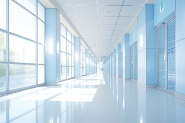 Modern empty interior. Bright and clean business hallway with urban design glass windows and blurred perspectives offering welcoming and open space for various purposes