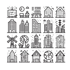 Buildings Icons Set - Minimalist City Elements Black and White Illustrations Minimallest building logo black and white
