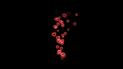 A steady upward stream of neon red heart shapes. Social media or Valentines day concept reacting to affectionate or loving post. Overlay graphic effect, black background for screen blending.