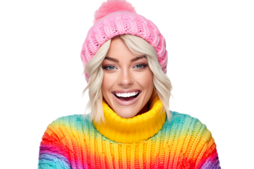 portrait photography of a beautiful blond woman wearing bright colored puffer jacket and knitted hat, isolated on white background