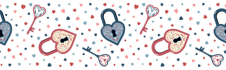 Valentines day locks and heart shape lock vector seamless border. Romantic background. Isolated on white background
