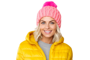 portrait photography of a beautiful blond woman wearing bright colored puffer jacket and knitted hat, isolated on white background
