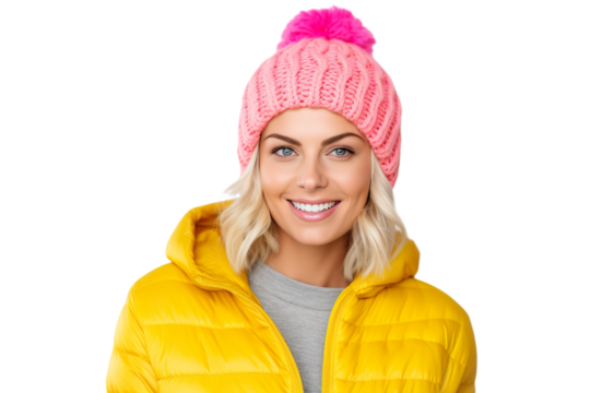 portrait photography of a beautiful blond woman wearing bright colored puffer jacket and knitted hat, isolated on white background