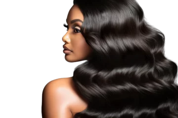 Rolgordijnen stock image of Young Model with body wave hair bundles isolated PNG © JetHuynh