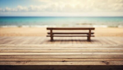 Fototapeta na wymiar Blurred Seashore Bench on Empty Wooden Table Background, Wooden Table