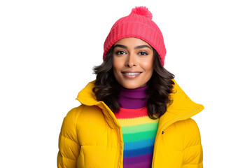 portrait photography of a beautiful Indian woman wearing bright colored puffer jacket and knitted hat, isolated on white background