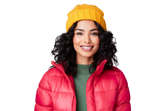 portrait photography of a beautiful Indian woman wearing bright colored puffer jacket and knitted hat, isolated on white background