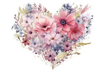 Watercolor illustration of a heart-shaped composition from various flowers on a white background. AI generative